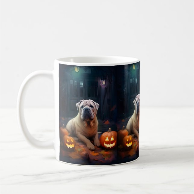 Halloween Shar Pei With Pumpkins Scary Coffee Mug (Left)