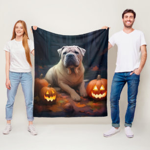 Halloween Shar Pei With Pumpkins Scary Fleece Blanket