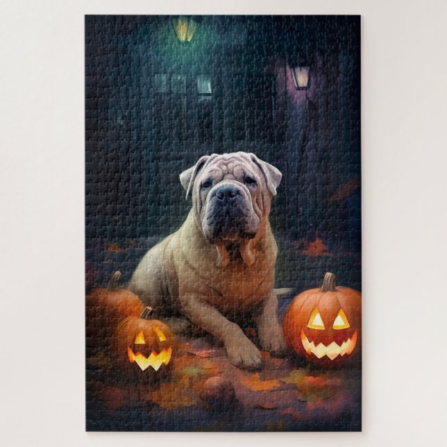 Halloween Shar Pei With Pumpkins Scary Jigsaw Puzzle (Vertical)