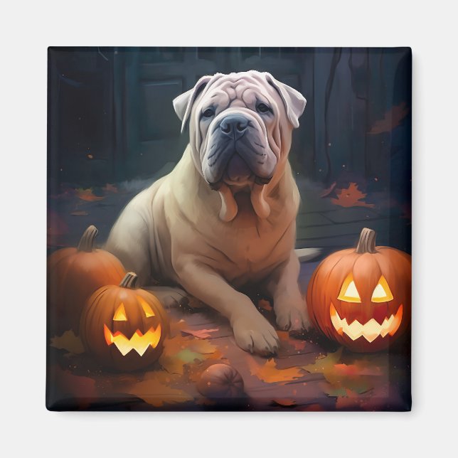 Halloween Shar Pei With Pumpkins Scary Magnet (Front)