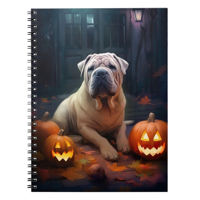 Halloween Shar Pei With Pumpkins Scary Notebook (Front)