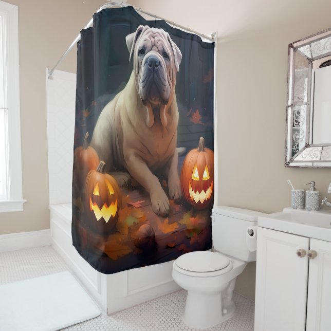 Halloween Shar Pei With Pumpkins Scary Shower Curtain (In Situ)