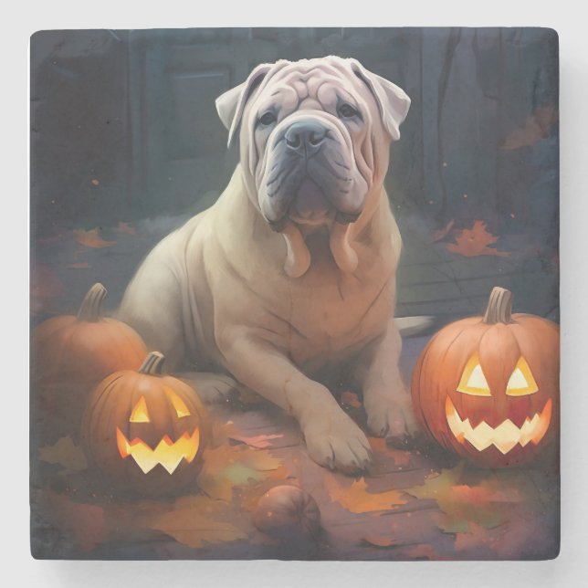 Halloween Shar Pei With Pumpkins Scary Stone Coaster (Front)