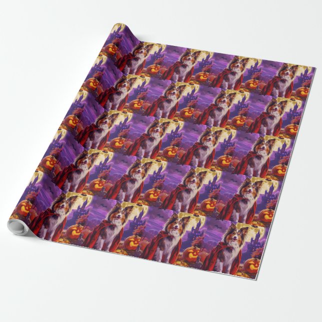 Halloween Shetland Sheepdog Vampire Pumpkins Scary Wrapping Paper (Unrolled)