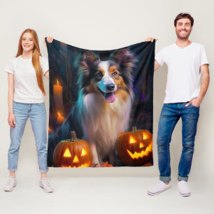 Halloween Shetland Sheepdog With Pumpkins Scary Fleece Blanket