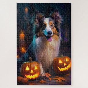 Halloween Shetland Sheepdog With Pumpkins Scary  Jigsaw Puzzle