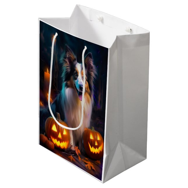 Halloween Shetland Sheepdog With Pumpkins Scary  Medium Gift Bag (Front Angled)