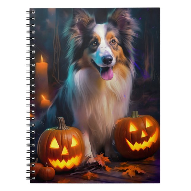 Halloween Shetland Sheepdog With Pumpkins Scary  Notebook (Front)
