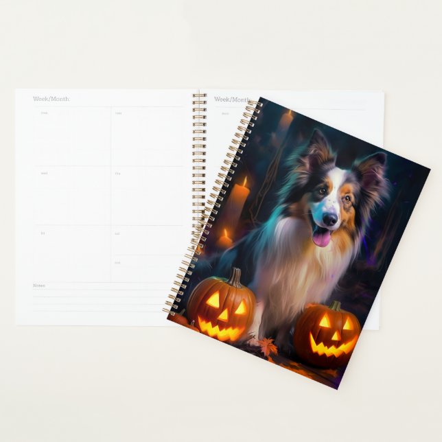 Halloween Shetland Sheepdog With Pumpkins Scary  Planner (Display)