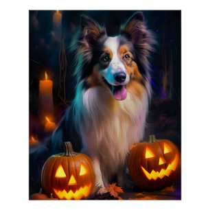 Halloween Shetland Sheepdog With Pumpkins Scary  Poster