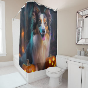 Halloween Shetland Sheepdog With Pumpkins Scary  Shower Curtain