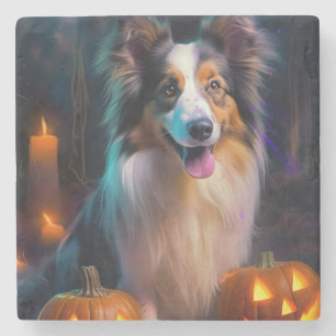 Halloween Shetland Sheepdog With Pumpkins Scary Stone Coaster