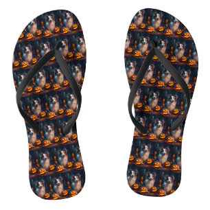 Halloween Shetland Sheepdog With Pumpkins Scary Thongs