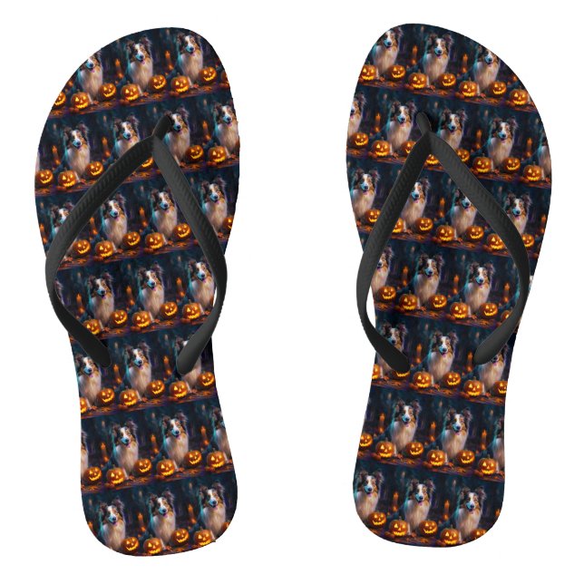 Halloween Shetland Sheepdog With Pumpkins Scary  Thongs (Footbed)