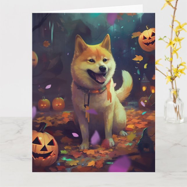 Halloween Shiba Inu With Pumpkins Scary Card (Yellow Flower)