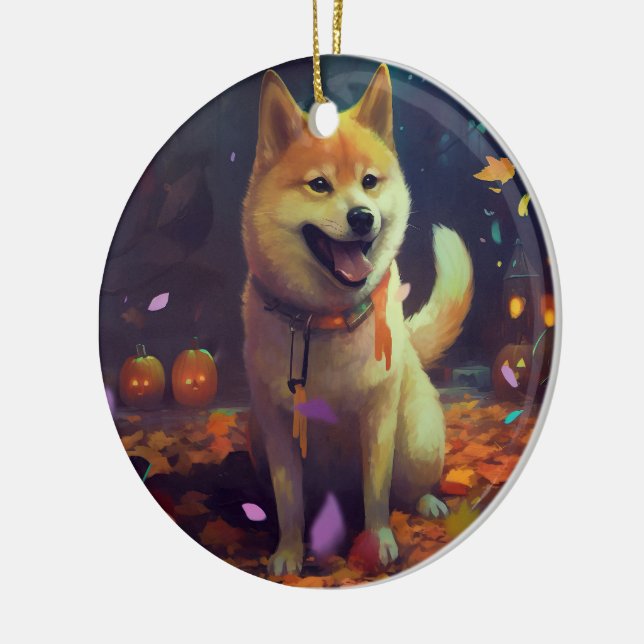 Halloween Shiba Inu With Pumpkins Scary Ceramic Ornament (Left)