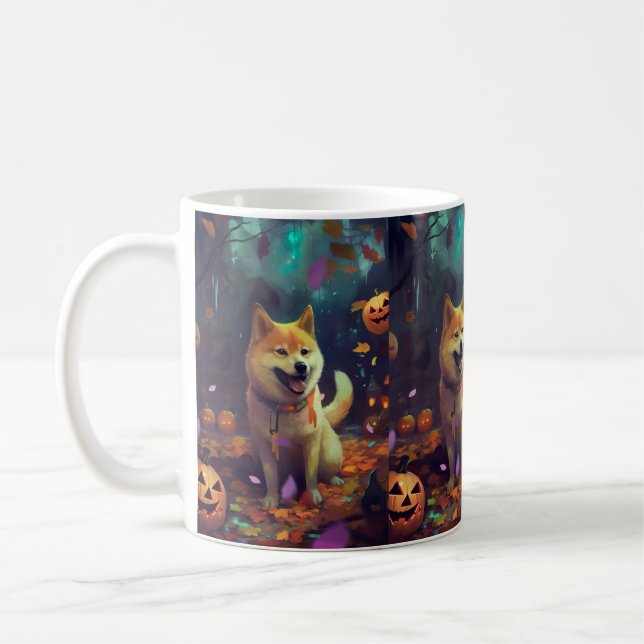 Halloween Shiba Inu With Pumpkins Scary Coffee Mug (Left)