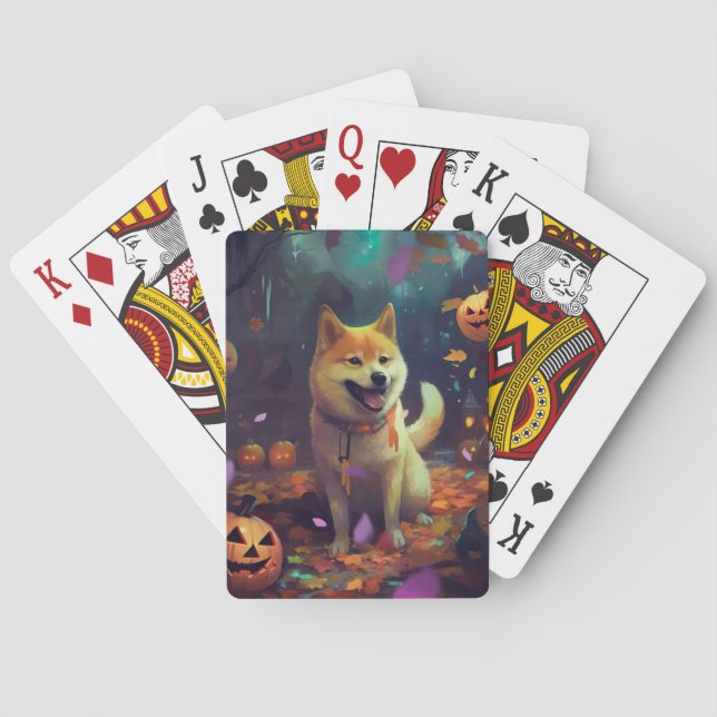 Halloween Shiba Inu With Pumpkins Scary Playing Cards (Back)