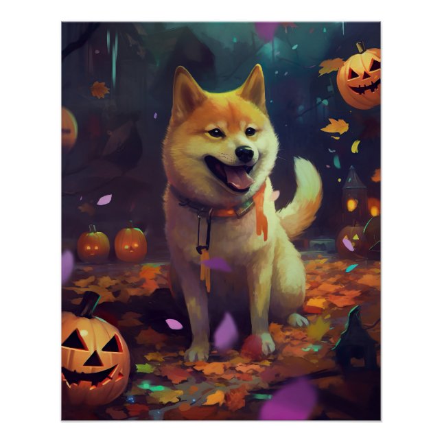 Halloween Shiba Inu With Pumpkins Scary Poster (Front)