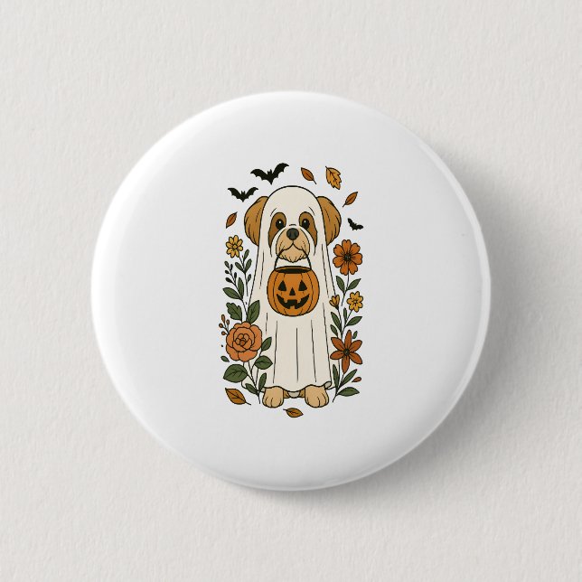 Halloween Shih Tzu with Fall Flowers 6 Cm Round Badge (Front)