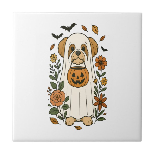 Halloween Shih Tzu with Fall Flowers Ceramic Tile (Front)
