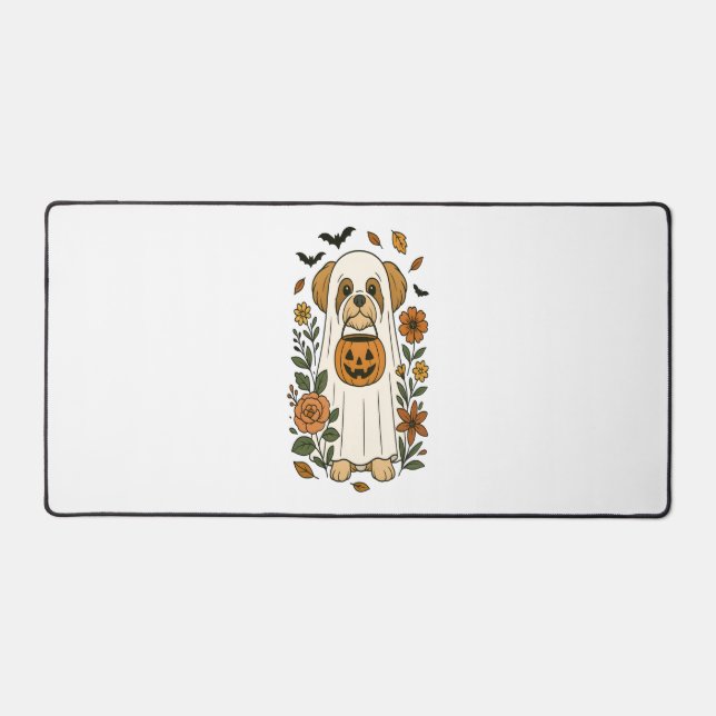 Halloween Shih Tzu with Fall Flowers Desk Mat (Front)