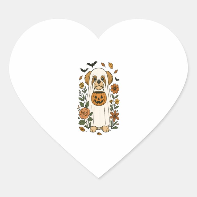 Halloween Shih Tzu with Fall Flowers Heart Sticker (Front)