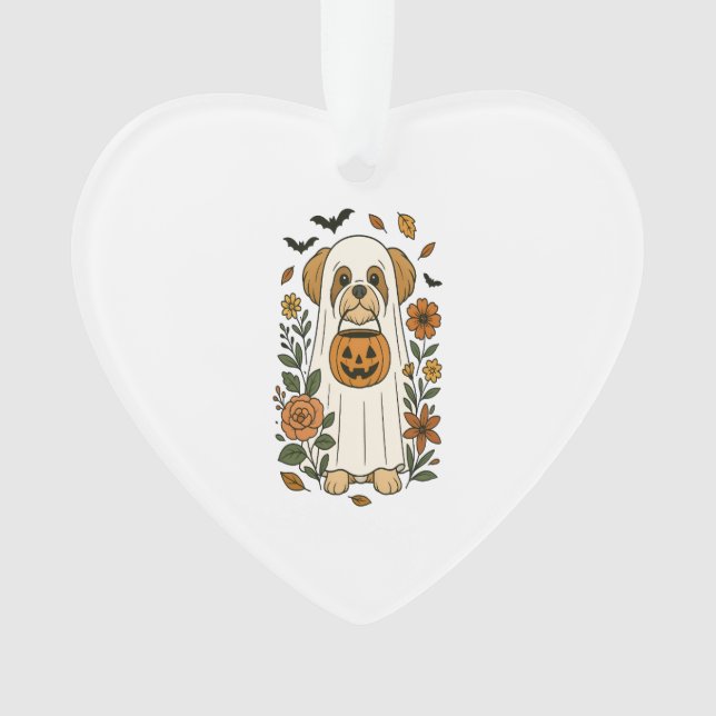 Halloween Shih Tzu with Fall Flowers Ornament (Front)