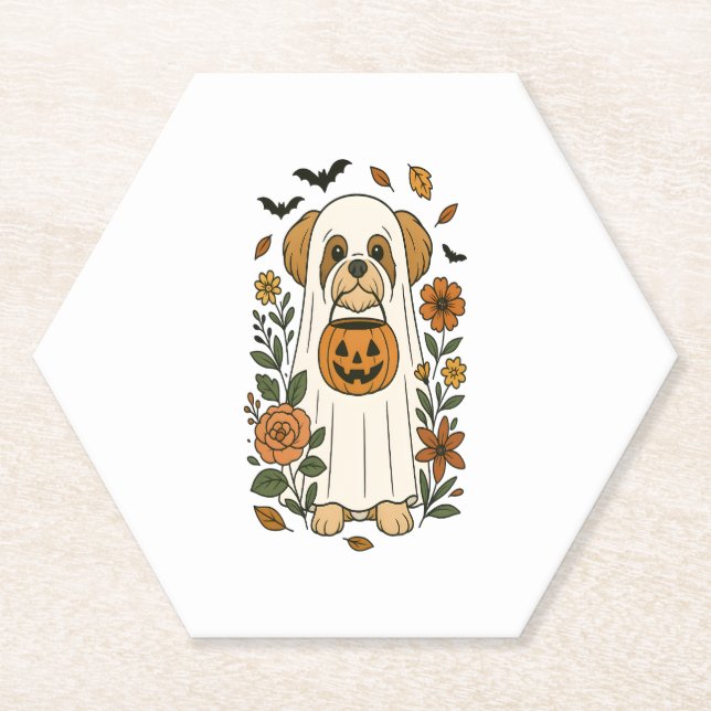 Halloween Shih Tzu with Fall Flowers Paper Coaster (Front)