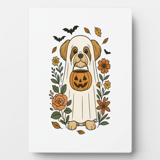 Halloween Shih Tzu with Fall Flowers Plaque (Front)