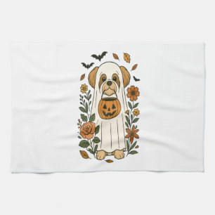 Halloween Shih Tzu with Fall Flowers Tea Towel