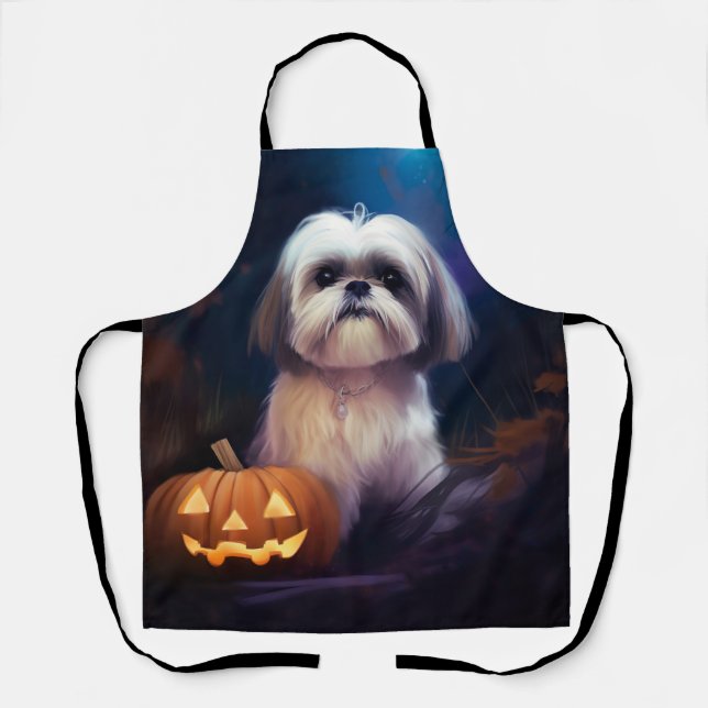 Halloween Shih Tzu With Pumpkins Scary Apron (Front)