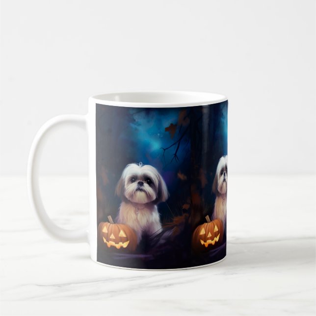 Halloween Shih Tzu With Pumpkins Scary Coffee Mug (Left)