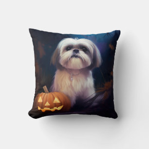 Halloween Shih Tzu With Pumpkins Scary Cushion
