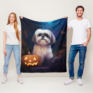 Halloween Shih Tzu With Pumpkins Scary Fleece Blanket