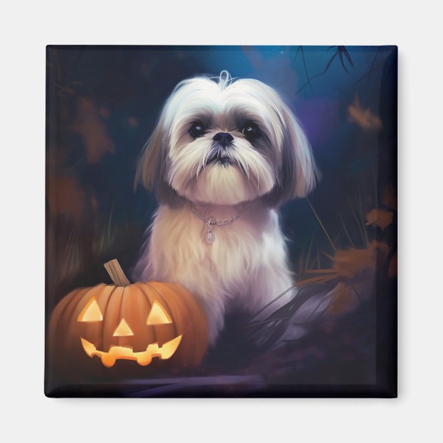 Halloween Shih Tzu With Pumpkins Scary Magnet (Front)
