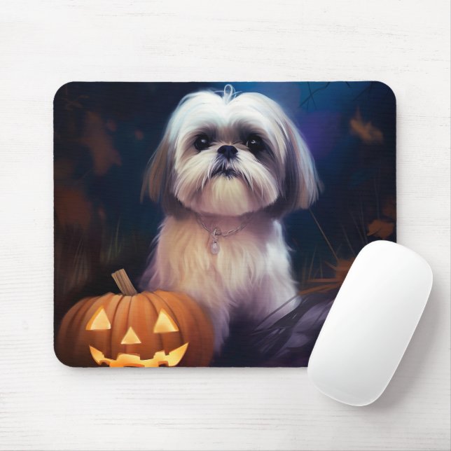 Halloween Shih Tzu With Pumpkins Scary Mouse Pad (With Mouse)