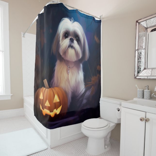 Halloween Shih Tzu With Pumpkins Scary Shower Curtain (In Situ)