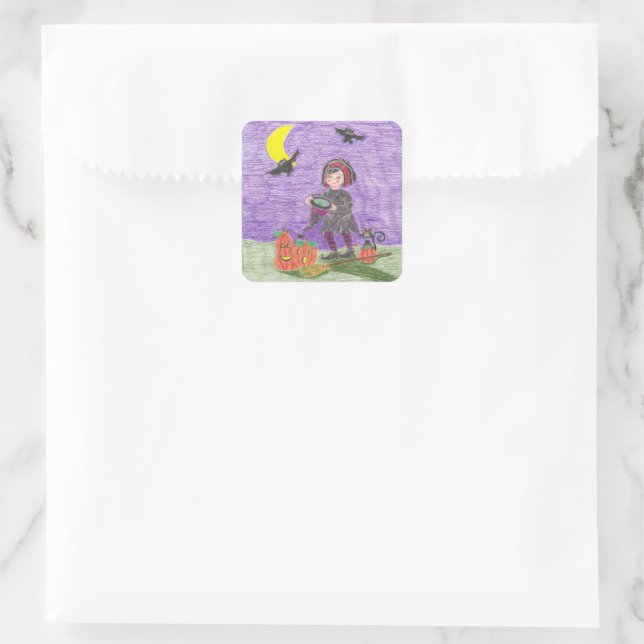 Halloween short hair witch  purple square stickers (Bag)