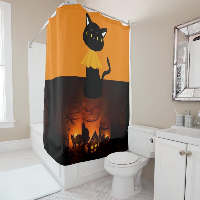 Halloween Shower Curtain Black Cat (In Situ)