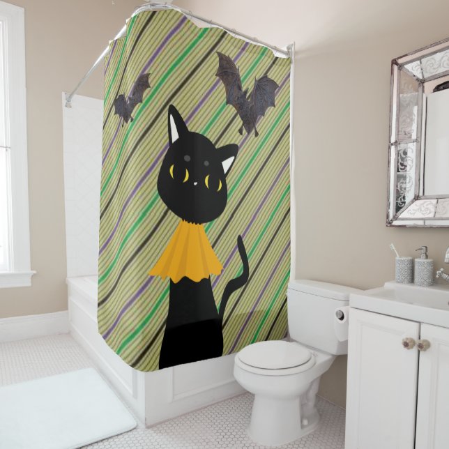 Halloween Shower Curtain, Black Cat Curtain (In Situ)