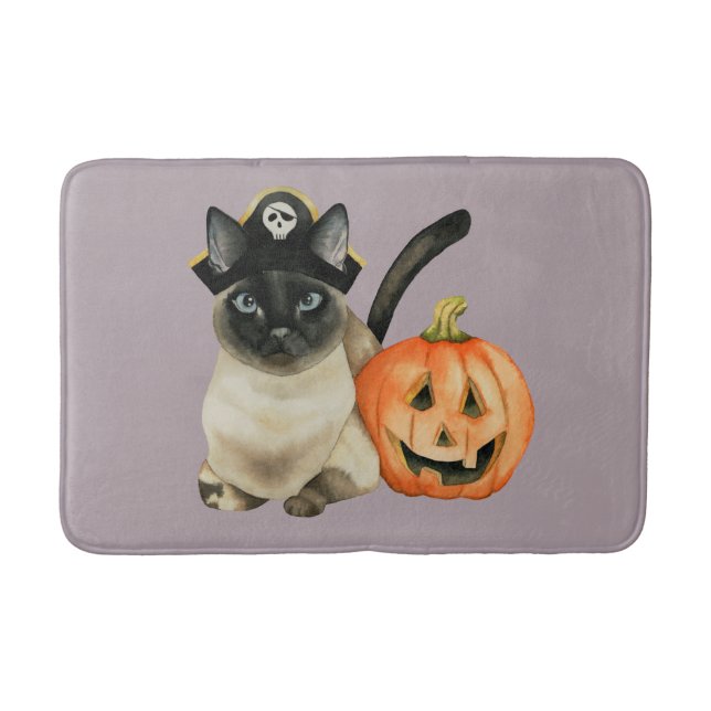 Halloween Siamese Cat with Jack O' Lantern Bath Mat (Front)