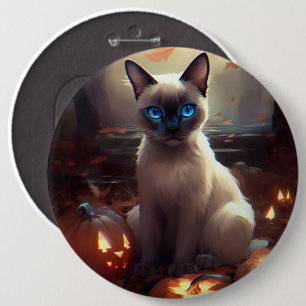 Halloween Siamese Cat With Pumpkins Scary 6 Cm Round Badge