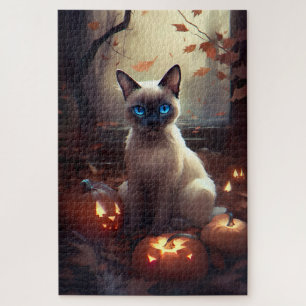 Halloween Siamese Cat With Pumpkins Scary  Jigsaw Puzzle