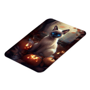Halloween Siamese Cat With Pumpkins Scary Magnet