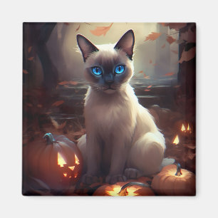 Halloween Siamese Cat With Pumpkins Scary Magnet