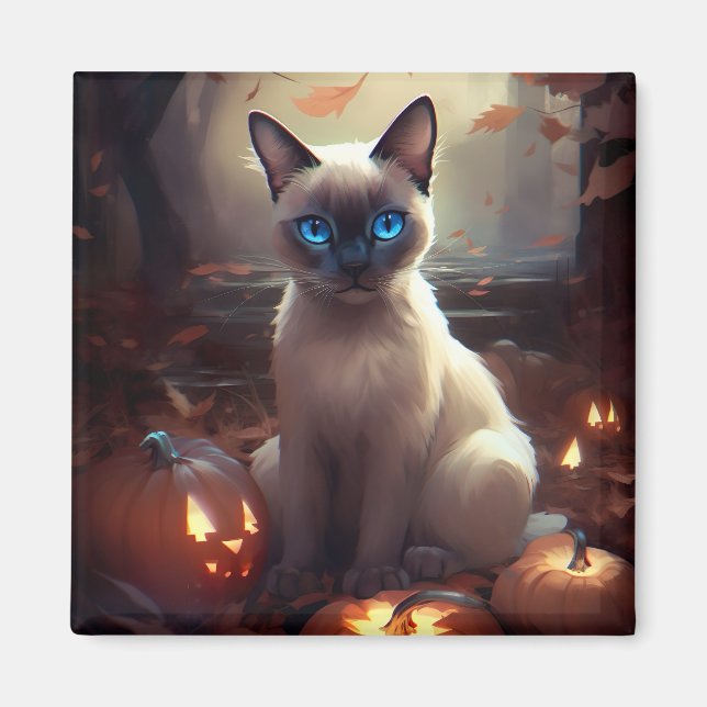 Halloween Siamese Cat With Pumpkins Scary  Magnet (Front)