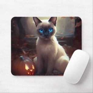 Halloween Siamese Cat With Pumpkins Scary  Mouse Pad