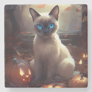 Halloween Siamese Cat With Pumpkins Scary  Stone Coaster
