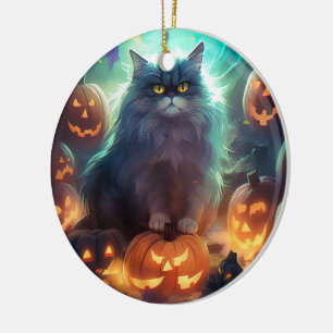 Halloween Siberian Cat With Pumpkins Scary Ceramic Ornament